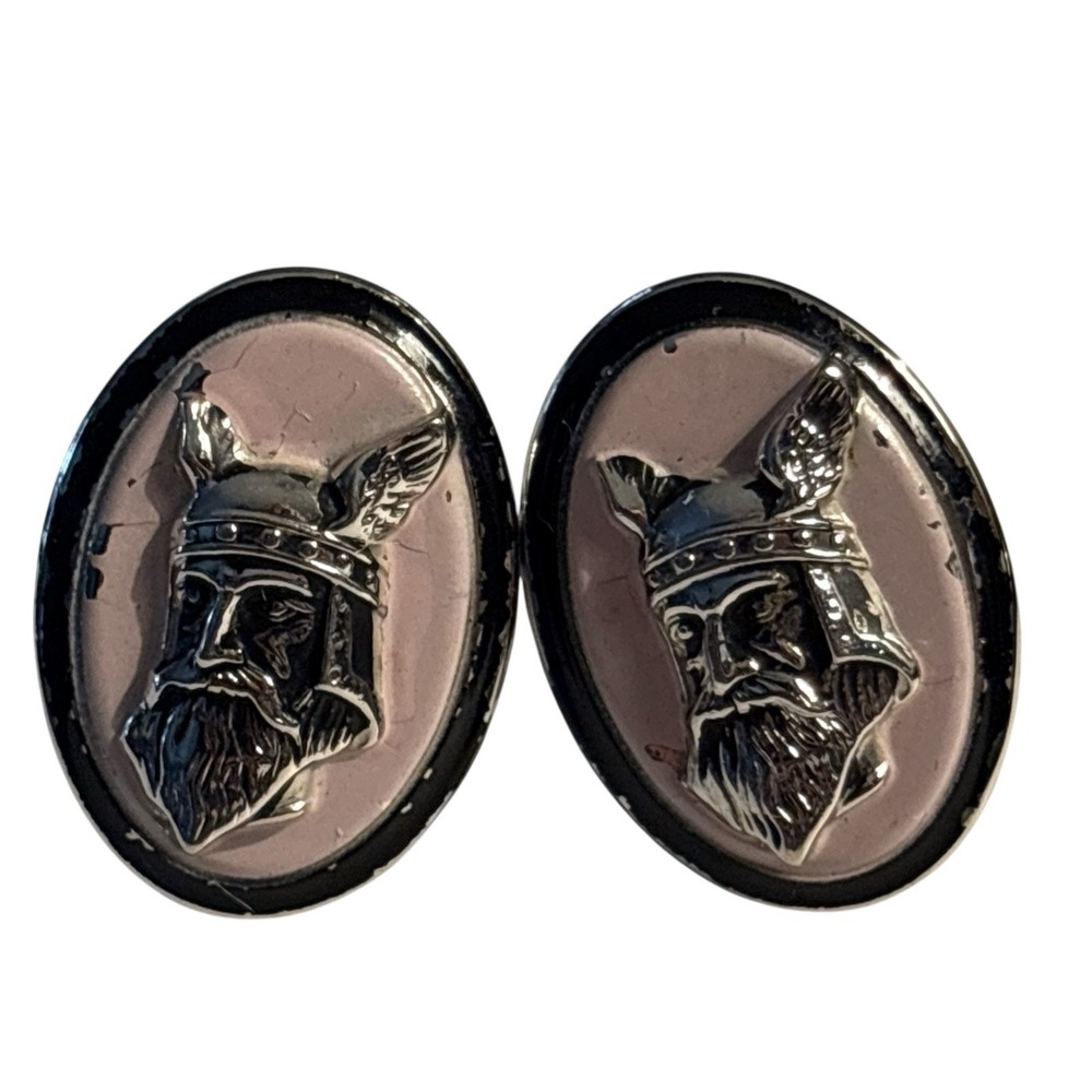 Swank Knight Pink Enamel Cufflinks Oval Silver Tone Soldier Warrior Vintage READ